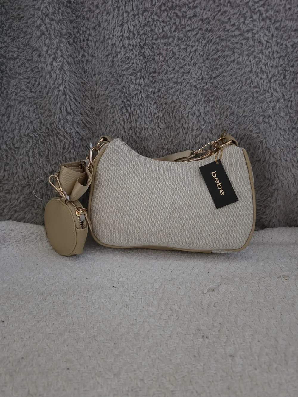 bebe Paisley Canvas Crossbody Bag with Coin Purse in the Almond